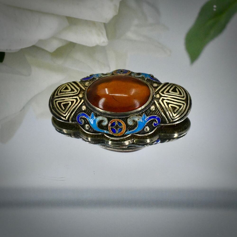 Antique Chinese Export Silver Enamel Filigree Amber Glass Clip Brooch Pin 11.3g